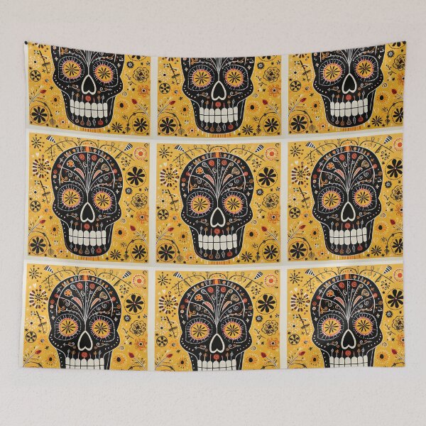 Item preview, Cheeky black sugar skull with yellow background designed and sold by Inky-Spiration.