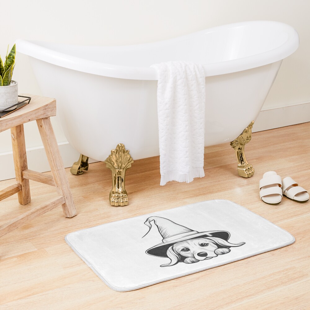 Discover Cute Dog Black white with Witch Hat Line Art  | Bath Mat