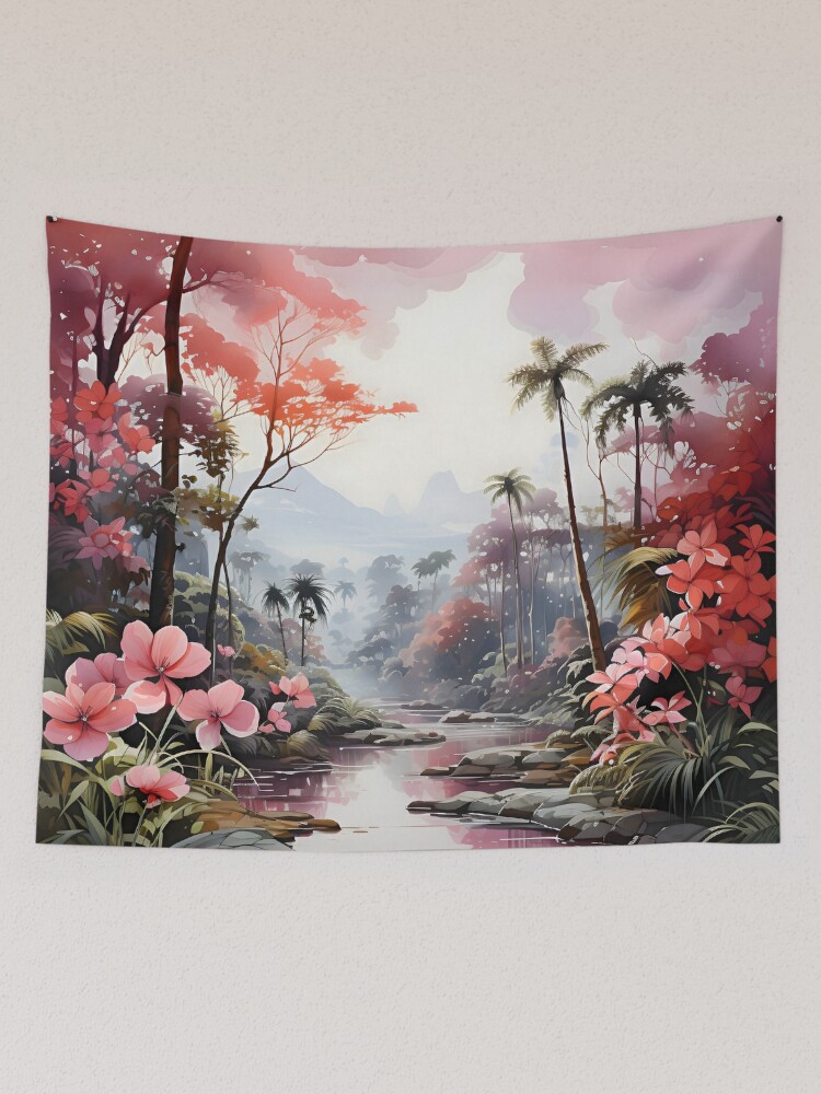 Pink flowers in watercolor style in a rain forest Tapestry