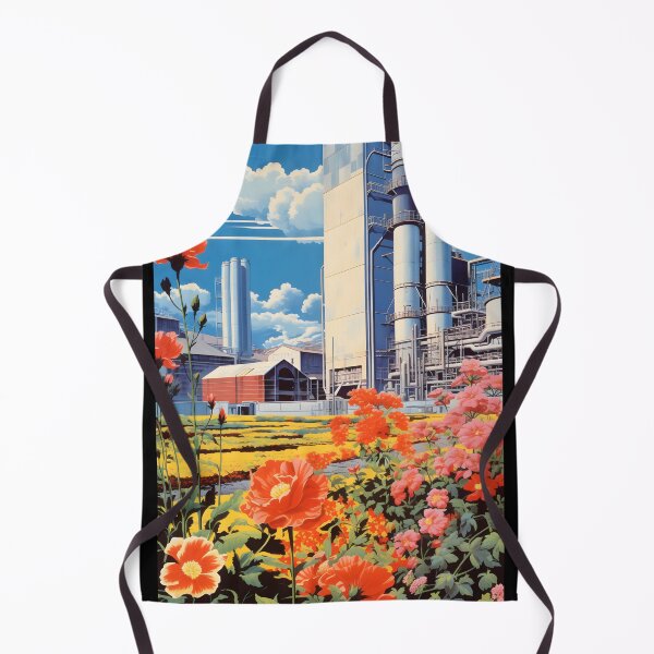 Artikelvorschau, Landschaft einer Blumenwiese und Fabrikschornsteine mit Emission in die Atmosphäre und klarem blauen Himmel entworfen und verkauft von Je-we.