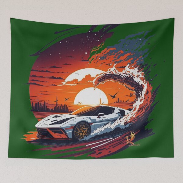 Item preview, White Sports Car Driving on the Sunset (Dark Green) designed and sold by AmaziaCo.