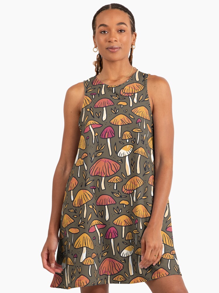 Earthy Mushroom Pattern Dark Brown A-Line Dress