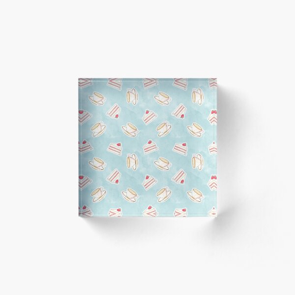 Tea & Cake // Watercolor Illustration of Pink Tea Cup & a Strawberry Cake Acrylic Block
