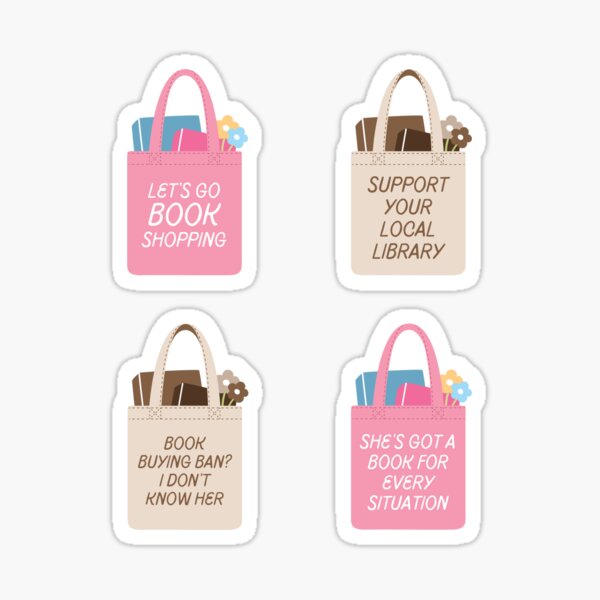 Item preview, bookish tote bag pack - let's go book shopping | support your local library | book buying ban I don't know her | she's got a book for every situation designed and sold by catdiasart.