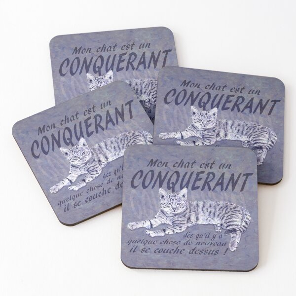 Item preview, Conquering cat - purple marbled version, text in French. designed and sold by SylvieG18.