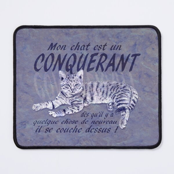 Item preview, Conquering cat - purple marbled version, text in French. designed and sold by SylvieG18.