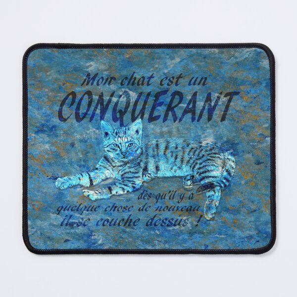 Item preview, Conquering cat - marbled blue-gold version, text in French. designed and sold by SylvieG18.