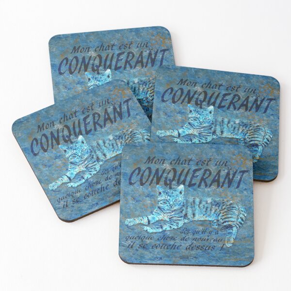 Item preview, Conquering cat - marbled blue-gold version, text in French. designed and sold by SylvieG18.