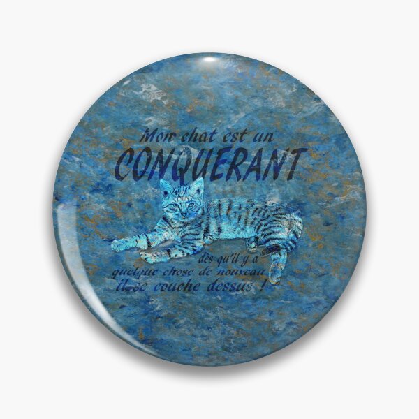 Item preview, Conquering cat - marbled blue-gold version, text in French. designed and sold by SylvieG18.