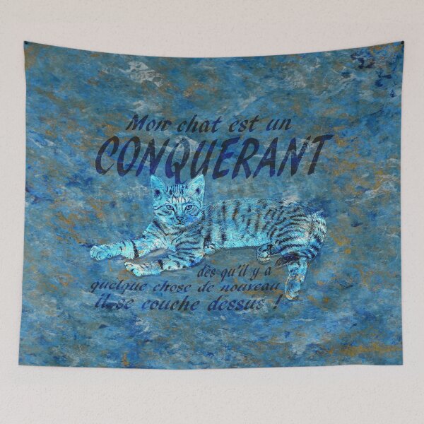 Item preview, Conquering cat - marbled blue-gold version, text in French. designed and sold by SylvieG18.