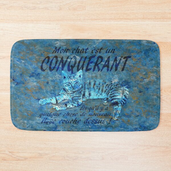 Item preview, Conquering cat - marbled blue-gold version, text in French. designed and sold by SylvieG18.