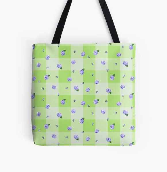 Blue Hydrangeas on Green Gingham All Over Print Tote Bag