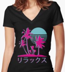 Vaporwave Aesthetic // Neon Palms Women's Fitted V-Neck T-Shirt