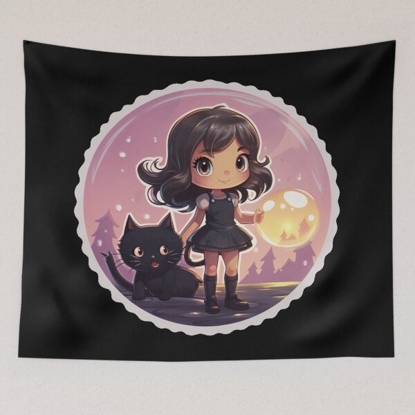 Item preview, cute girl with black cat in bubble fantasy world (black background) designed and sold by Tabuku.