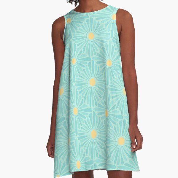 Flower Mosaic Retro Modern Art Design - Pale Aqua A-Line Dress