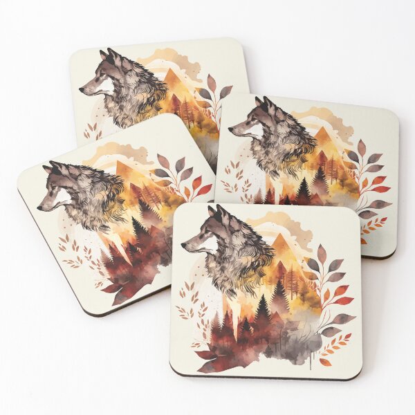 Item preview, A Watercolor of a Wolf in Orange Toned Forest - Boho Animals designed and sold by GVRDesign.