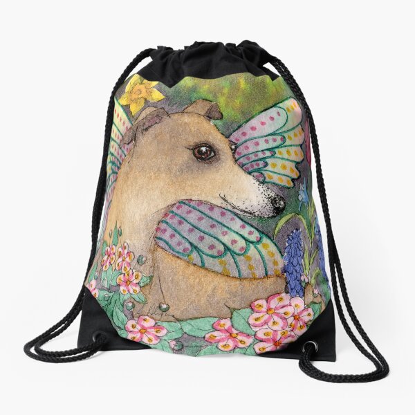 Spring whippet dog fairy, in the garden Drawstring Bag