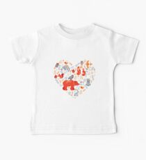 Fairy-tale forest. Fox, bear, raccoon, owls, rabbits, flowers and herbs on a blue background. Baby Tee