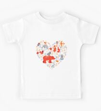Fairy-tale forest. Fox, bear, raccoon, owls, rabbits, flowers and herbs on a blue background. Kids Tee