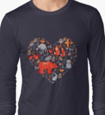 Fairy-tale forest. Fox, bear, raccoon, owls, rabbits, flowers and herbs on a blue background. Long Sleeve T-Shirt
