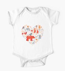 Fairy-tale forest. Fox, bear, raccoon, owls, rabbits, flowers and herbs on a blue background. Short Sleeve Baby One-Piece