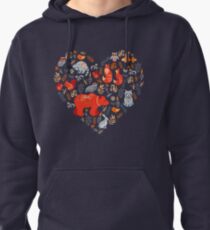 Fairy-tale forest. Fox, bear, raccoon, owls, rabbits, flowers and herbs on a blue background. Pullover Hoodie