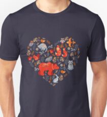 Fairy-tale forest. Fox, bear, raccoon, owls, rabbits, flowers and herbs on a blue background. Unisex T-Shirt