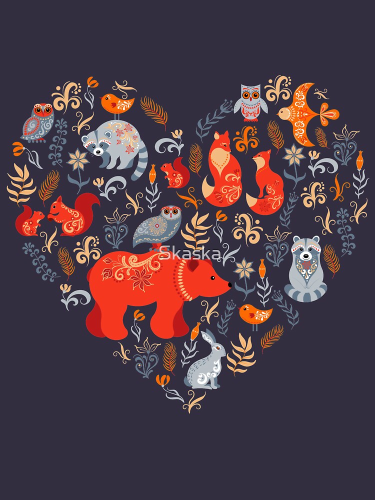 Fairy-tale forest. Fox, bear, raccoon, owls, rabbits, flowers and herbs on a blue background. by Skaska