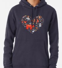 Fairy-tale forest. Fox, bear, raccoon, owls, rabbits, flowers and herbs on a blue background. Pullover Hoodie