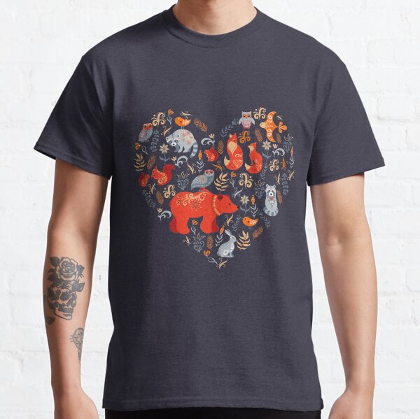 Fairy-tale forest. Fox, bear, raccoon, owls, rabbits, flowers and herbs on a blue background. Classic T-Shirt