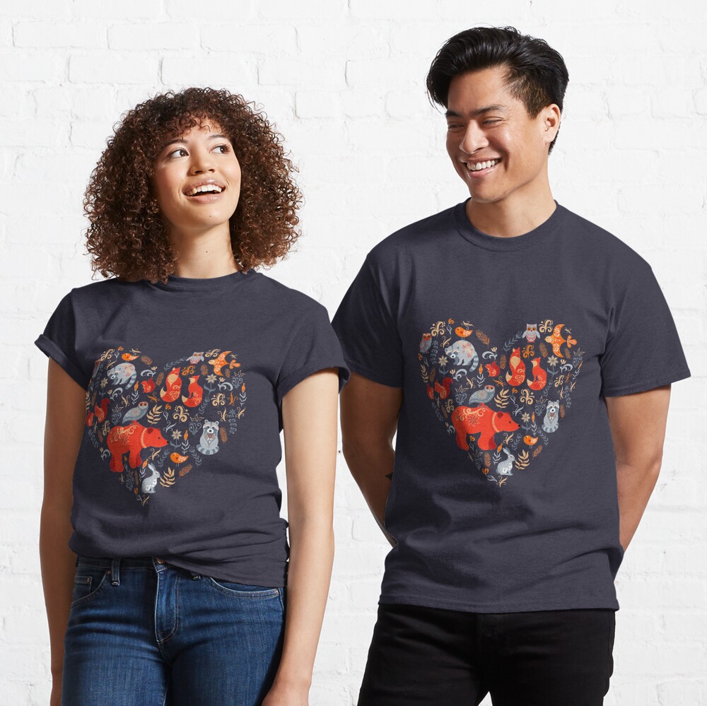 Fairy-tale forest. Fox, bear, raccoon, owls, rabbits, flowers and herbs on a blue background. Classic T-Shirt