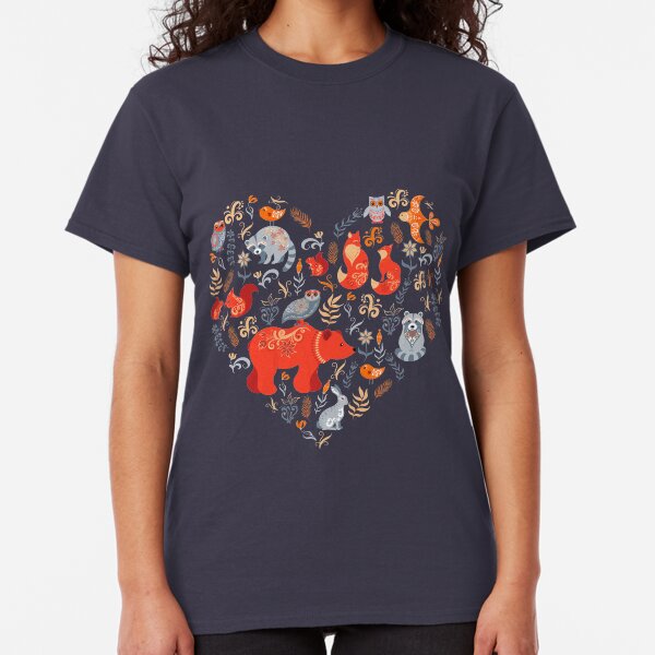 Fairy-tale forest. Fox, bear, raccoon, owls, rabbits, flowers and herbs on a blue background. Classic T-Shirt