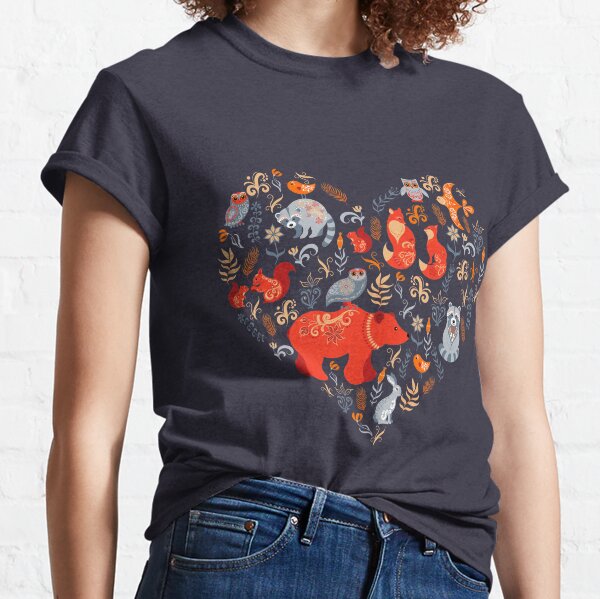 Fairy-tale forest. Fox, bear, raccoon, owls, rabbits, flowers and herbs on a blue background. Classic T-Shirt