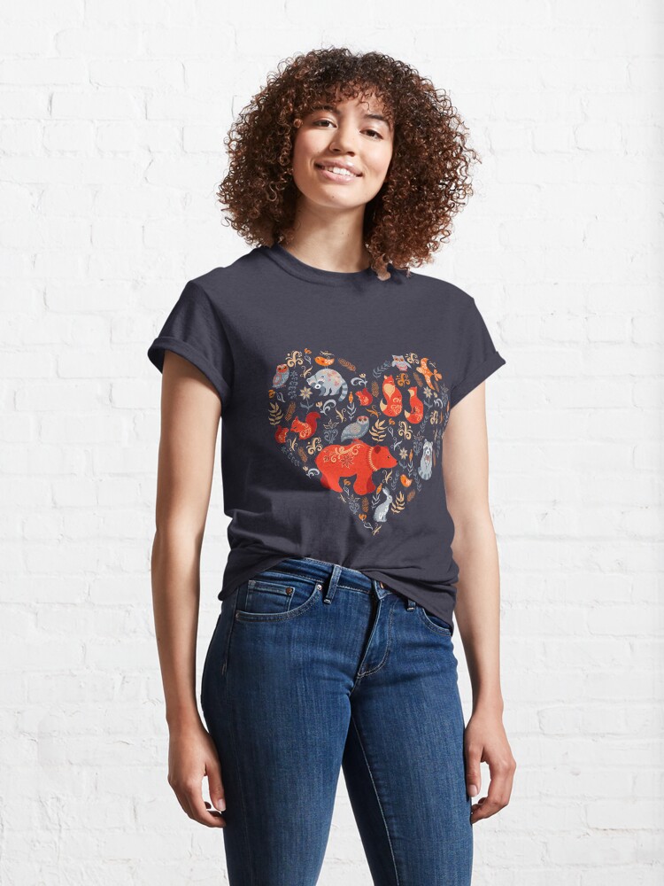 Alternate view of Fairy-tale forest. Fox, bear, raccoon, owls, rabbits, flowers and herbs on a blue background. Classic T-Shirt