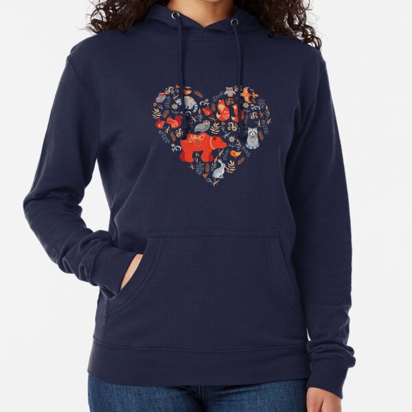 Fairy-tale forest. Fox, bear, raccoon, owls, rabbits, flowers and herbs on a blue background. Lightweight Hoodie