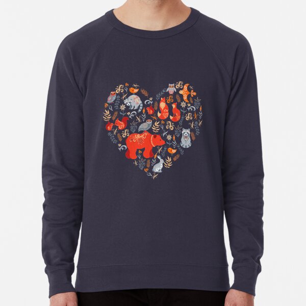 Fairy-tale forest. Fox, bear, raccoon, owls, rabbits, flowers and herbs on a blue background. Lightweight Sweatshirt