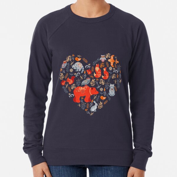 Fairy-tale forest. Fox, bear, raccoon, owls, rabbits, flowers and herbs on a blue background. Lightweight Sweatshirt