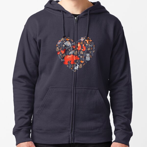 Fairy-tale forest. Fox, bear, raccoon, owls, rabbits, flowers and herbs on a blue background. Zipped Hoodie