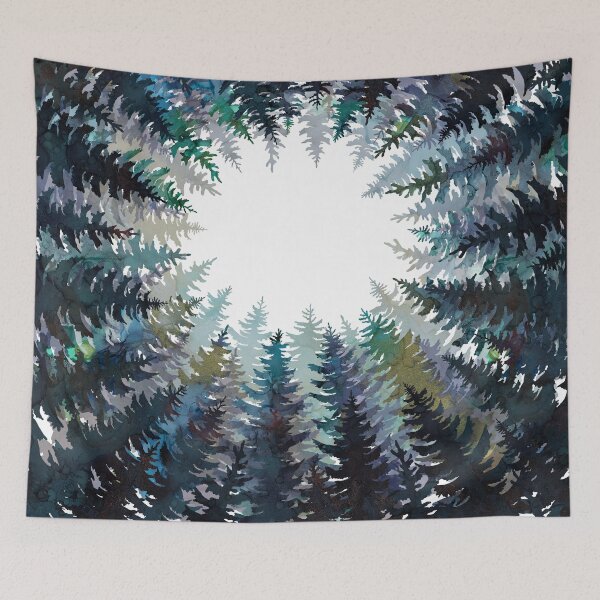 Item preview, Pine trees silhouettes, winter skyview alcohol ink painting designed and sold by likapix.