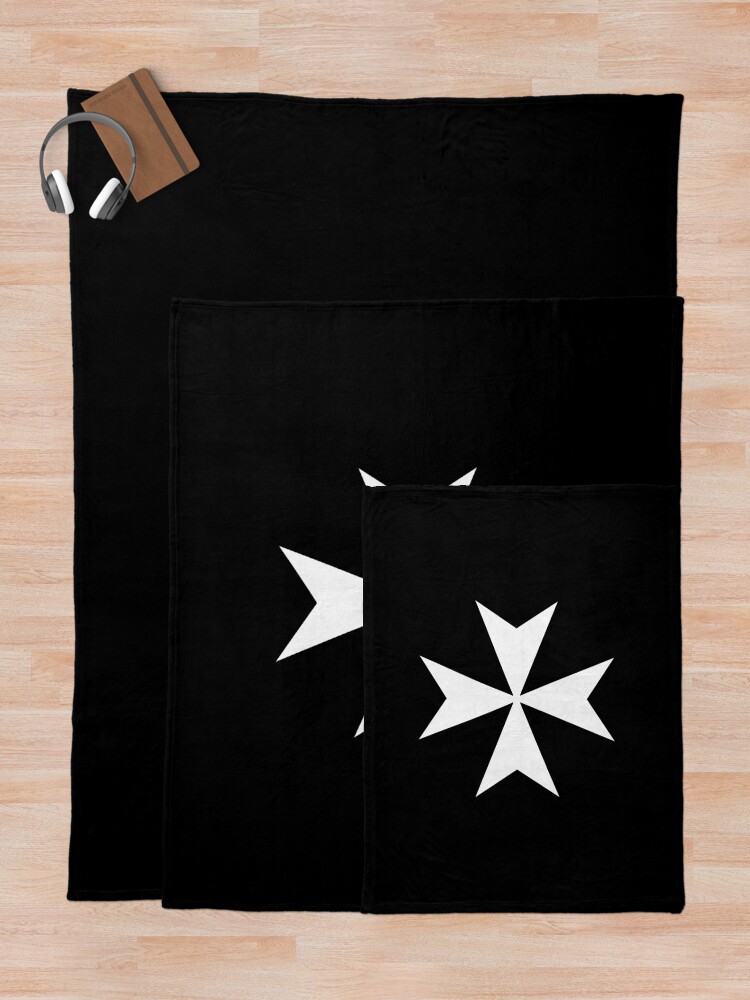Alternate view of CROSS. MALTA. Maltese, Amalfi Cross, Maltese cross, Knights Hospitaller, WHITE on BLACK. Throw Blanket