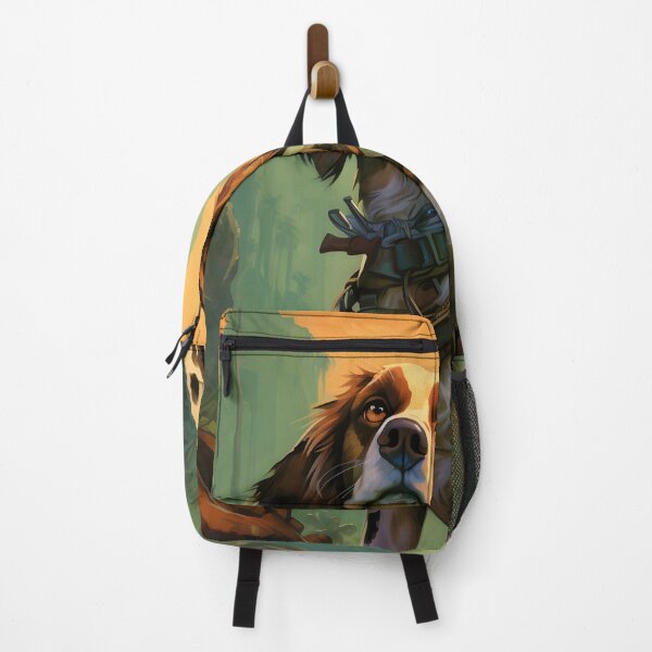 Item preview, Dog with backpack on his back walking on rocky path in the mountains. designed and sold by Nickyayee.
