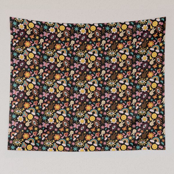 Item preview, Groovy Happy Vibes Retro Pattern in Black designed and sold by kookimoondesign.