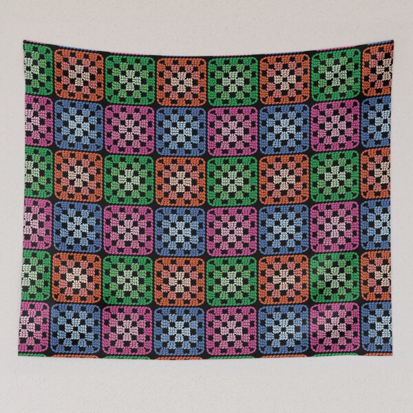 Item preview, Crochet Granny Square Retro Pattern in Multicolour with Black Background  designed and sold by Aureusglow.