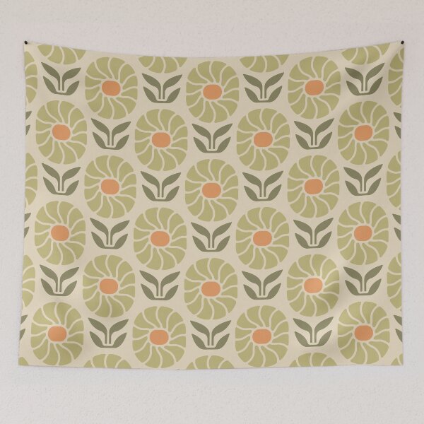 Item preview, KF 0129 D - Vintage Retro 70s Daisy Floral Pattern in Green on Cream designed and sold by KhakiFinch.