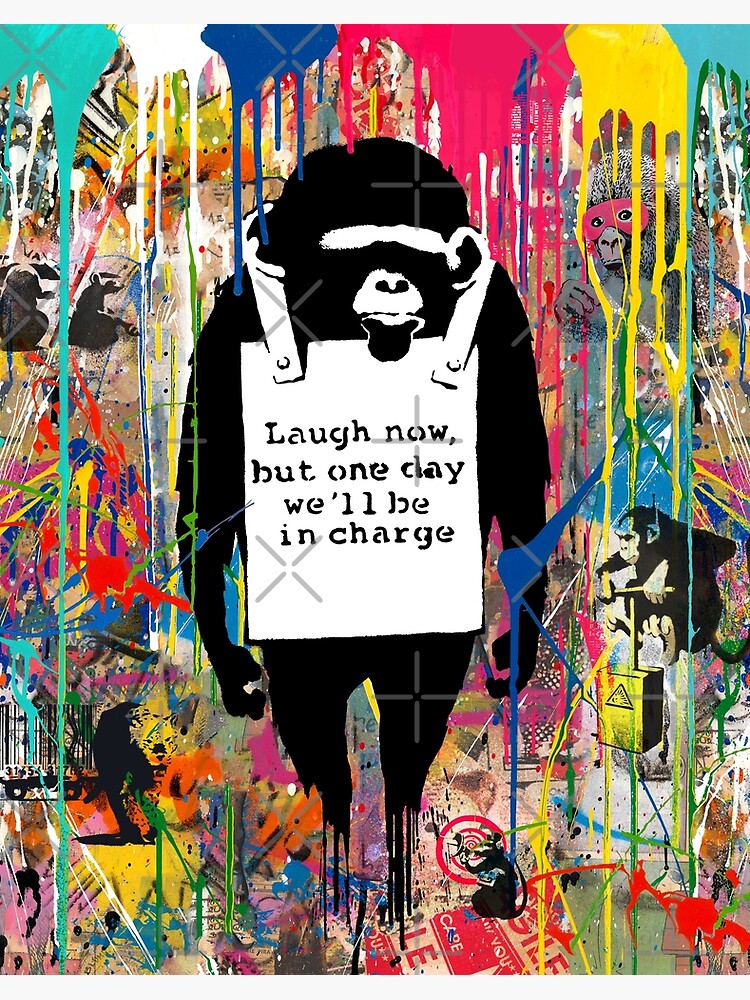 Laugh Now Chimp Collage - Banksy Colorful Graffiti Stencil Art