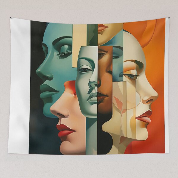 Item preview, Abstract woman faces that uses colorful overlapping shapes designed and sold by WallWhimsyWorks.