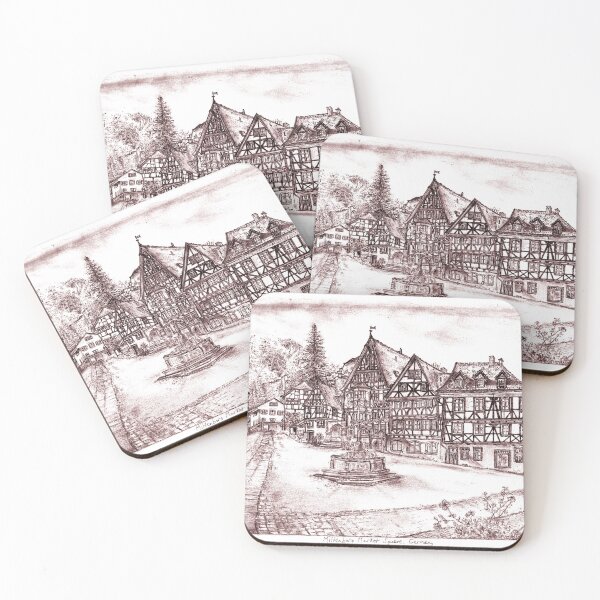 Item preview, Miltenberg Market Square Drawing, Germany, Red Tint - A Timeless Tapestry of Bavarian Charm designed and sold by studioSharonKay.