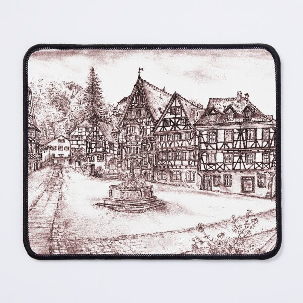 Item preview, Miltenberg Market Square Drawing, Germany, Red Tint - A Timeless Tapestry of Bavarian Charm designed and sold by studioSharonKay.