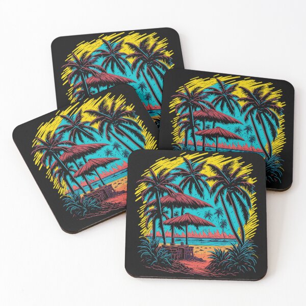 Item preview, colorful graffiti illustration of a beach with palm trees and cocktail bar designed and sold by Sadil.