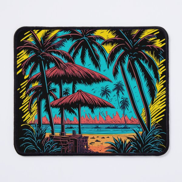 Item preview, colorful graffiti illustration of a beach with palm trees and cocktail bar designed and sold by Sadil.